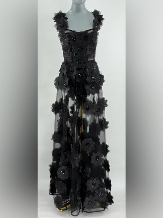 🆕 BRONX & BANCO 🧿 NWOT Rosalie Noir Floral-Appliqué Tulle Gown, Sz M US 6 - Picture 2 of 16